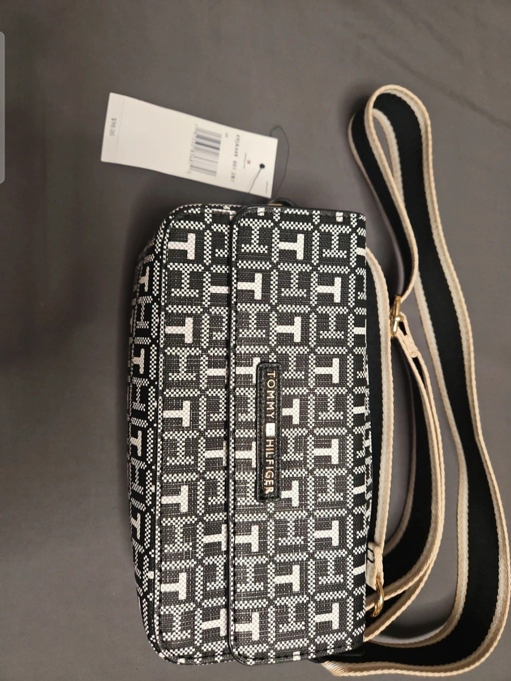 Tommy Hilfiger Black & White Logo Jacquard Crossbody with Contrast Strap